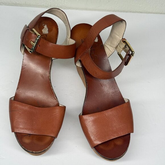 Michael Kors Xaria Wedges Cognac Brown Leather Buckle Open Toe Size 7.5 - Picture 3 of 8